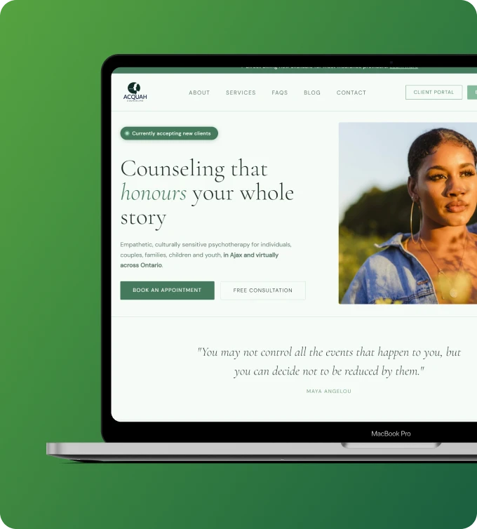 Acquah Counseling website homepage shown on a laptop