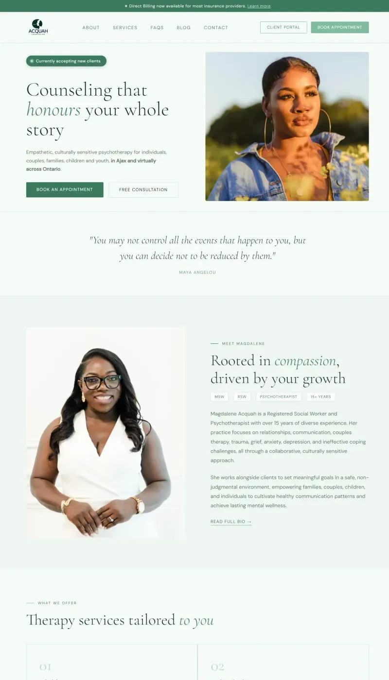 Homepage of the Acquah Counseling website with a portrait photo, the headline Counseling that honours your whole story and a Book Appointment button