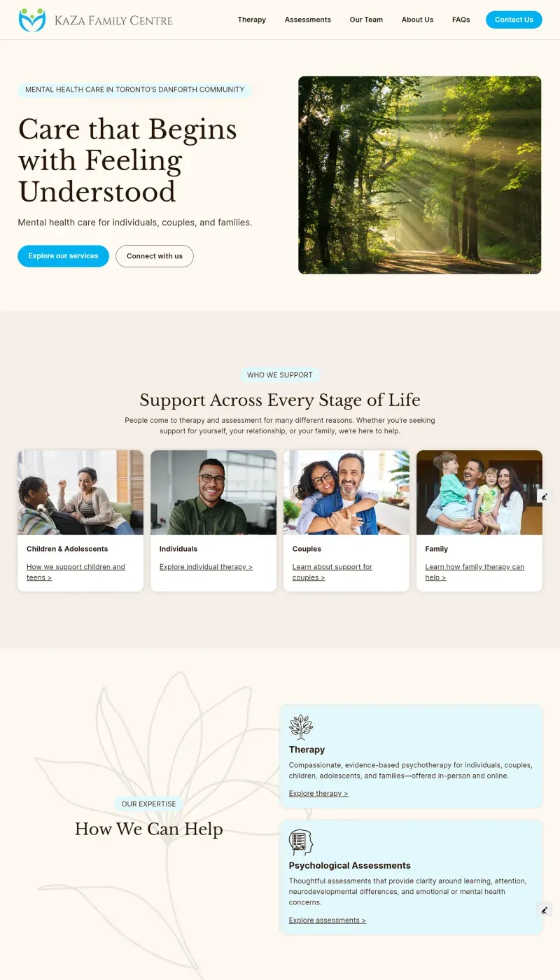 Homepage of the KaZa Family Centre website, a mental health practice in Toronto's Danforth community, with a forest photo and the headline Care that Begins with Feeling Understood