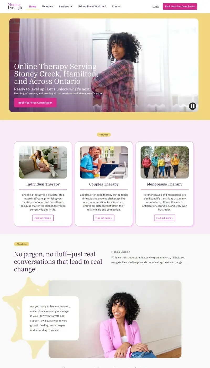 Homepage of Monica Dosanjh's online therapy website with a hero photo and a Book Your Free Consultation button