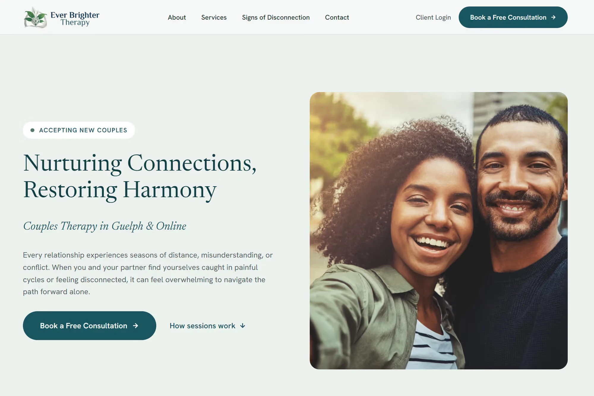 Homepage of the Ever Brighter Therapy website: the headline Nurturing Connections, Restoring Harmony beside a smiling couple, with a button to book a free consultation