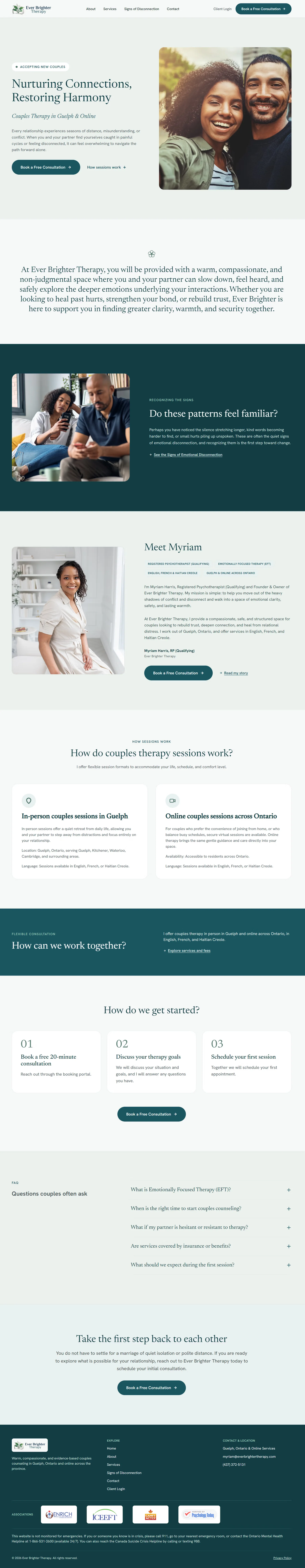 Full-length screenshot of the Ever Brighter Therapy homepage: a welcoming headline, a section on recognizing the signs of disconnection, an introduction to Myriam, how sessions work, how to get started and common questions