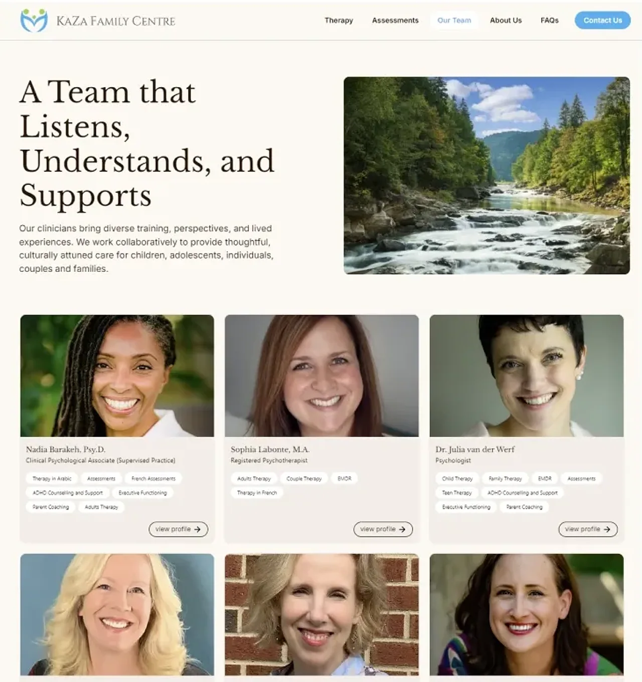 KaZa Family Centre's Team page: the headline A Team that Listens, Understands, and Supports with a river photo, above clinician cards that each show a photo, credentials, specialty tags and a view profile button
