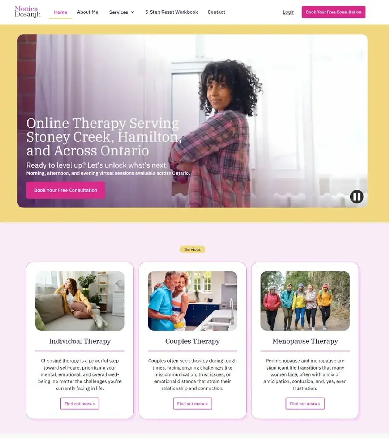 Monica Dosanjh's website: a hero photo with the headline Online Therapy Serving Stoney Creek, Hamilton, and Across Ontario and a Book Your Free Consultation button, above service cards for individual, couples and menopause therapy