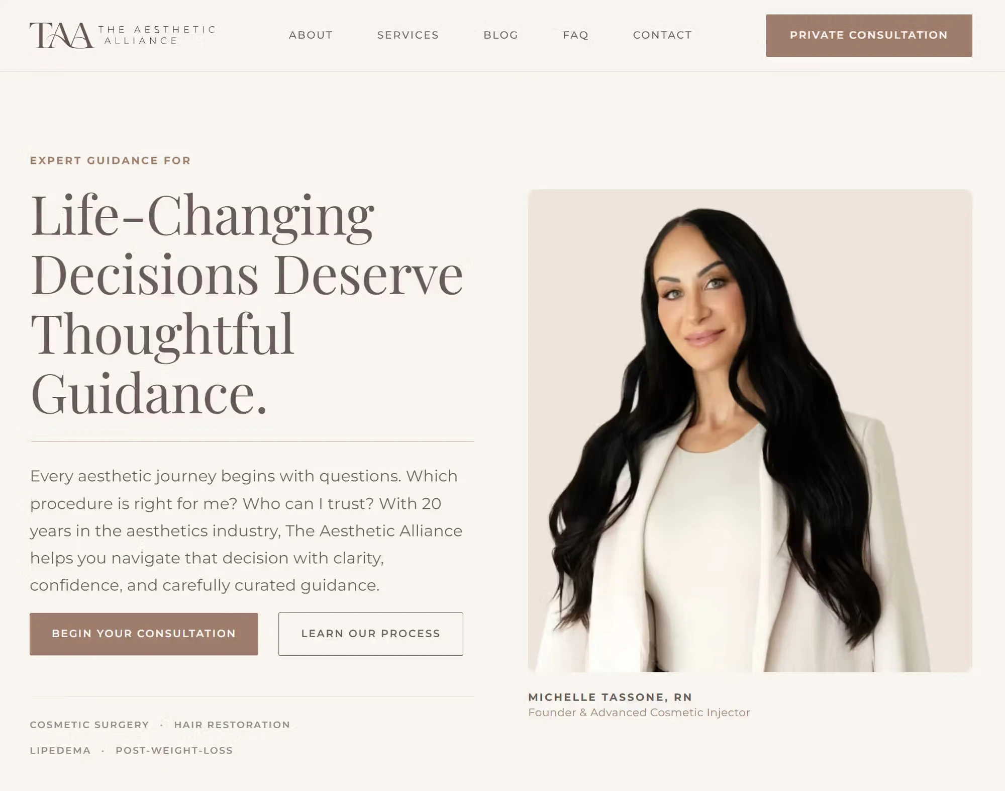 Homepage of The Aesthetic Alliance website: the headline Life-Changing Decisions Deserve Thoughtful Guidance beside a portrait of the founder, Michelle Tassone, RN, with buttons to begin a consultation or learn the process
