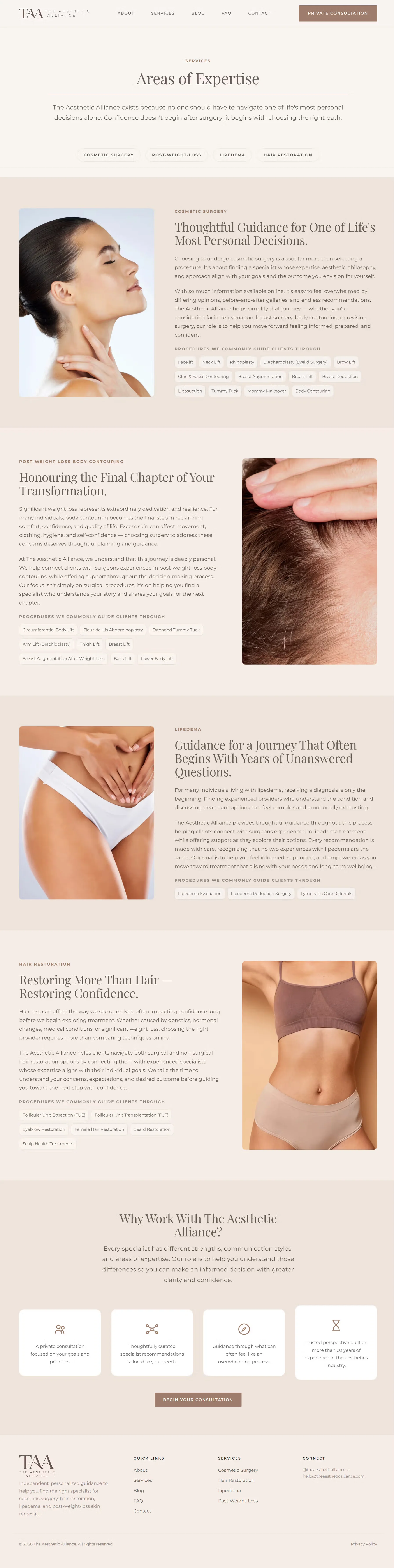 Full-length screenshot of The Aesthetic Alliance services page: areas of expertise for cosmetic surgery, post-weight-loss contouring, lipedema and hair restoration, each with the procedures commonly guided, and reasons to work with the practice